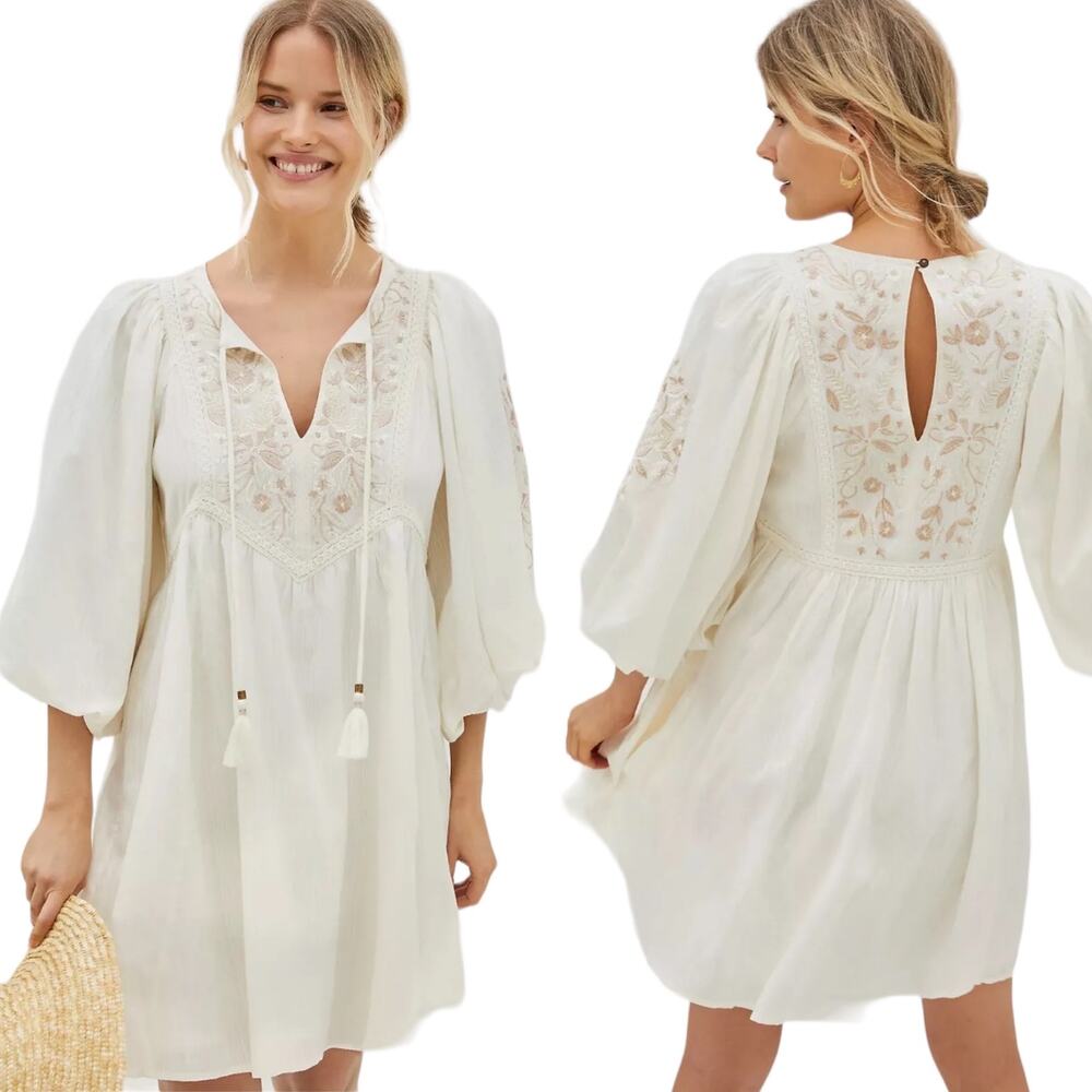 Anthropologie Viveka Embroidered Floral Mini Dress Balloon Long Sleeve Ivory S